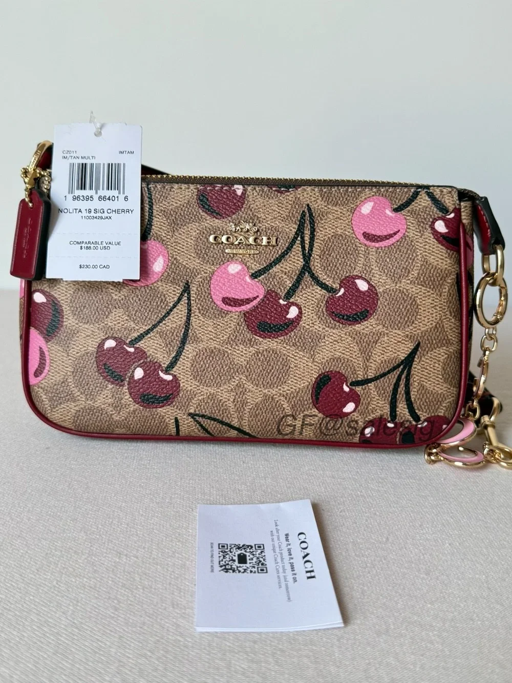 NWT Coach Nolita 19 Cherry Print Wristlet Small Bag Tan Red Gift Set+Extend